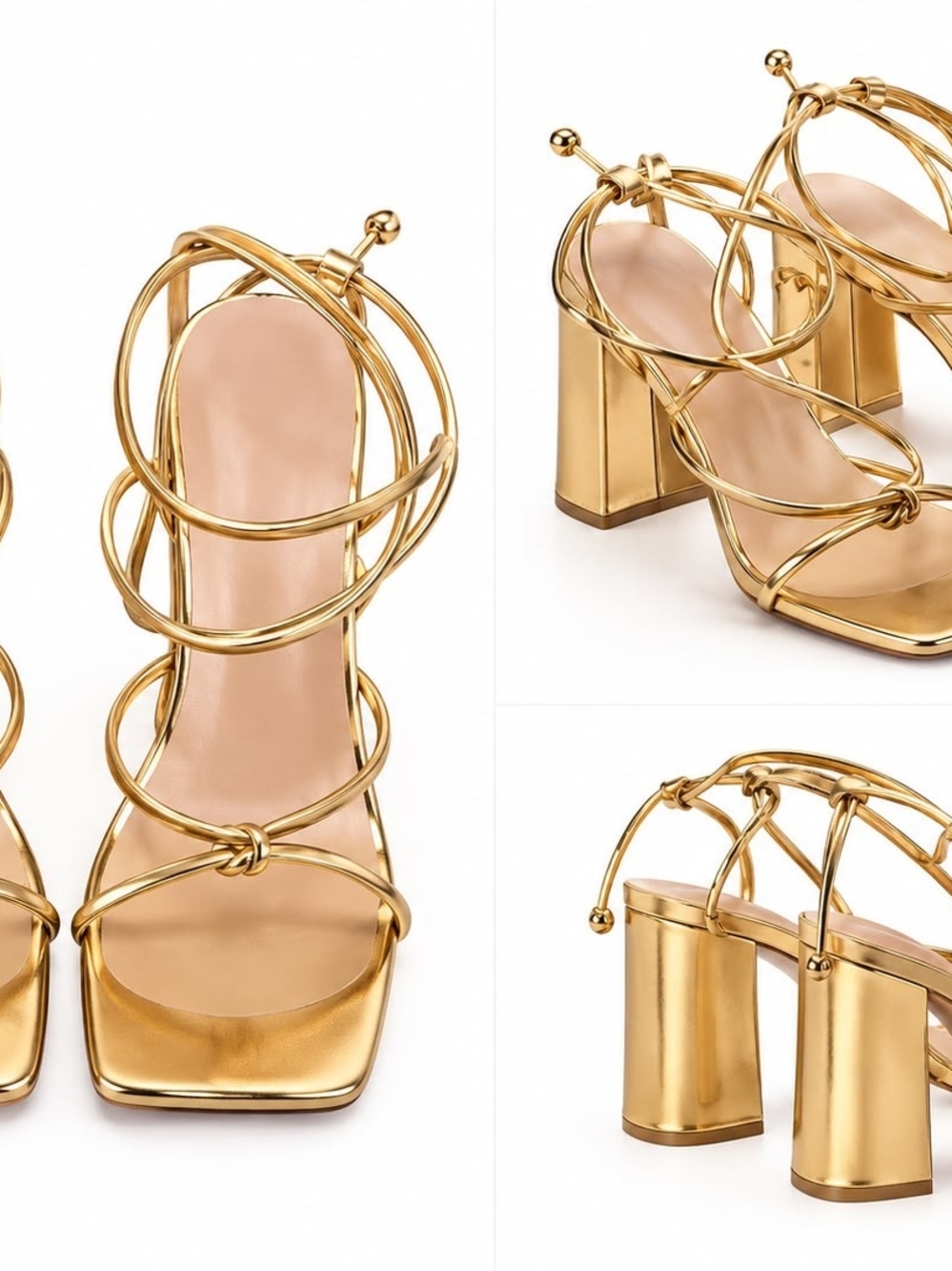 Gold Strappy Block Heel Sandals - Women